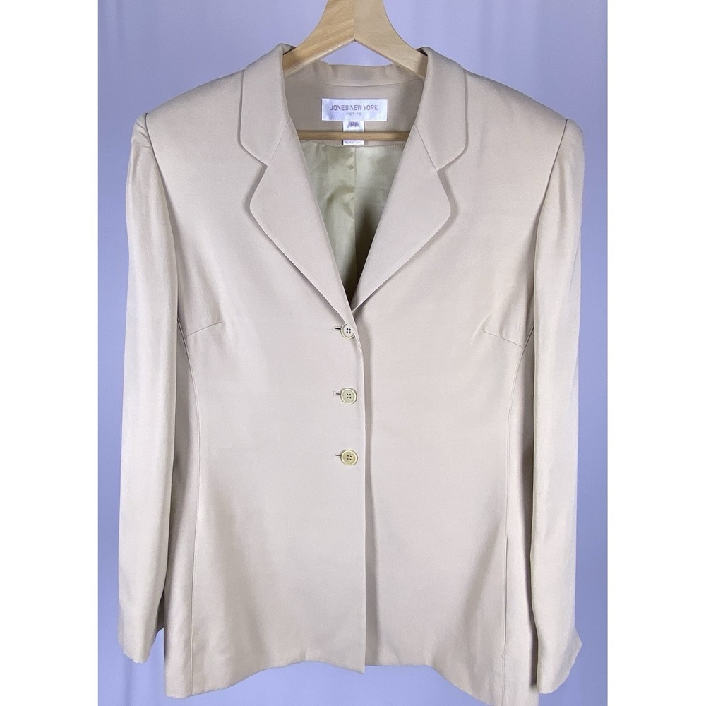 Vintage Jones New York 100% Silk Blazer Beige 14P Petite Minimalist Quiet Luxury